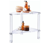 Custom acrylic corner shower stool with storage shelf