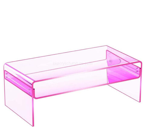 Custom acrylic table with open storage shelf