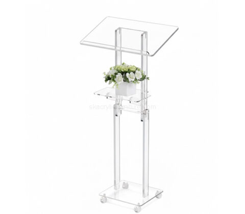 Custom acrylic rolling podium with storage shelf & wheels