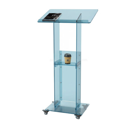 Custom acrylic podium stand with wheels & storage shelf