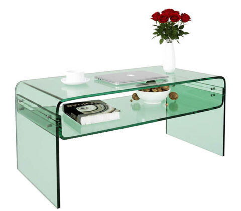 Custom acrylic waterfall coffee table with storage shelf