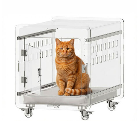 Custom acrylic cat crate with lockable wheels
