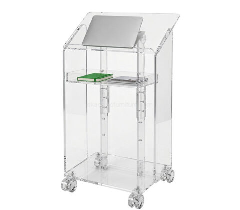 Custom acrylic lecterns podium with wheels & storage shelf