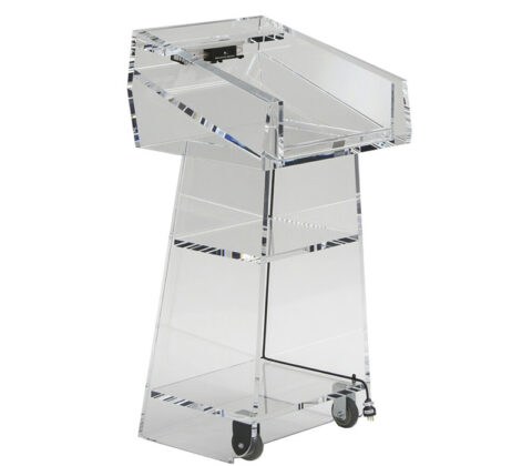 Custom acrylic lectern podium stand with wheels & storage