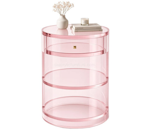 Custom acrylic round bedside table with storage shelf