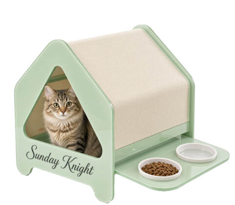 Custom acrylic cat house with bowls holder