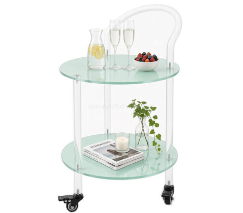 Custom acrylic rolling round side table with storage shelf